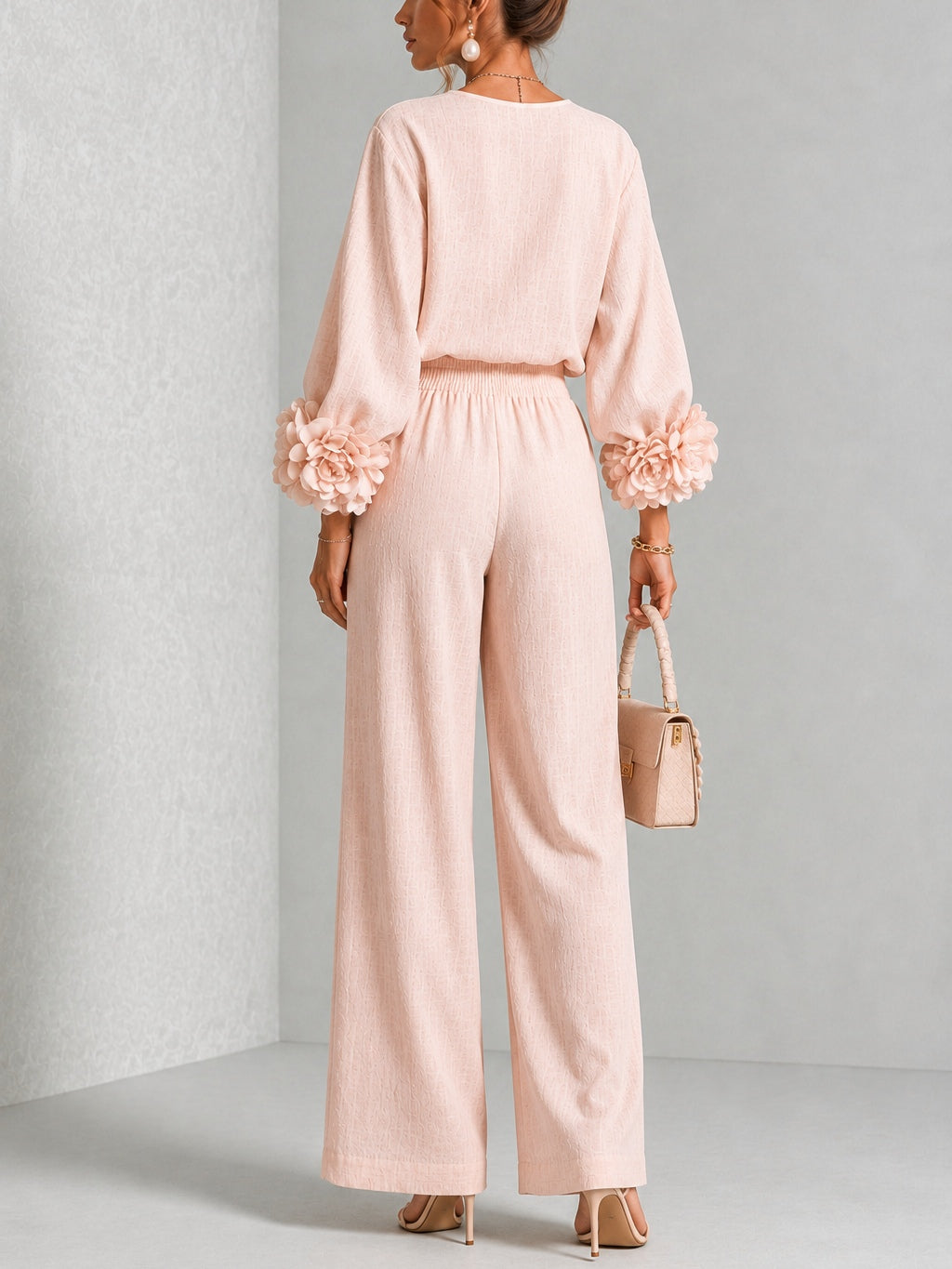 Rosalie | Floral Cuff Two-Piece Set with Wide-Leg Trousers