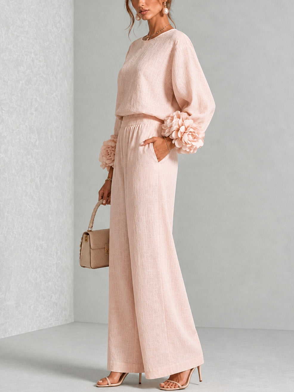 Rosalie | Floral Cuff Two-Piece Set with Wide-Leg Trousers