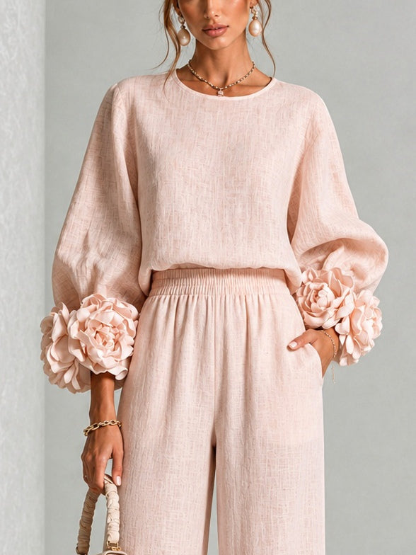 Rosalie | Floral Cuff Two-Piece Set with Wide-Leg Trousers