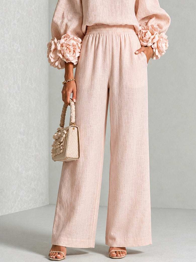 Rosalie | Floral Cuff Two-Piece Set with Wide-Leg Trousers