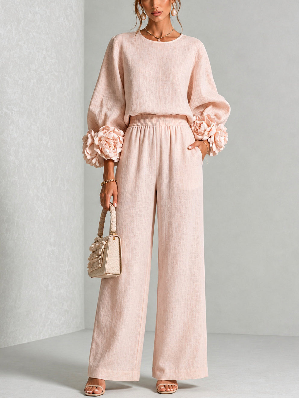 Rosalie | Floral Cuff Two-Piece Set with Wide-Leg Trousers
