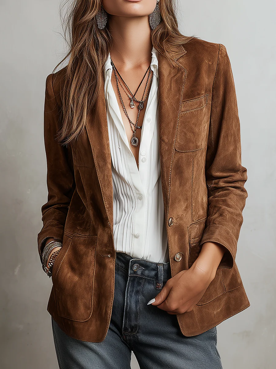 Millicent | Vintage Brown Blazer with Contrast Stitching