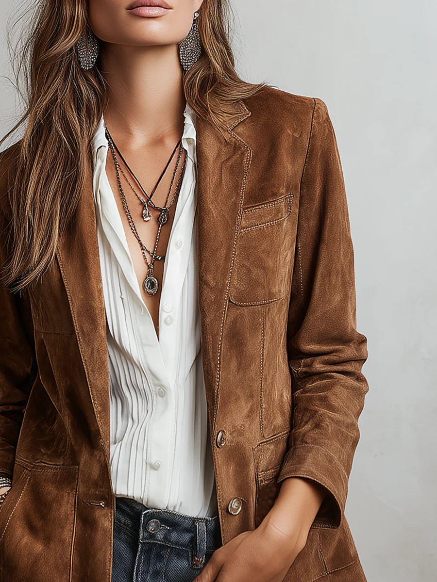 Millicent | Vintage Brown Blazer with Contrast Stitching
