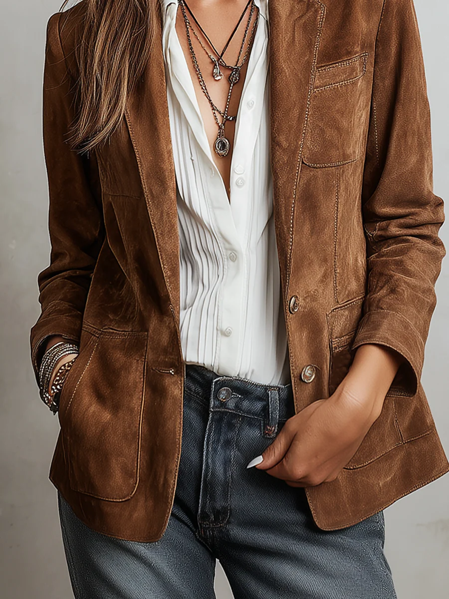 Millicent | Vintage Brown Blazer with Contrast Stitching