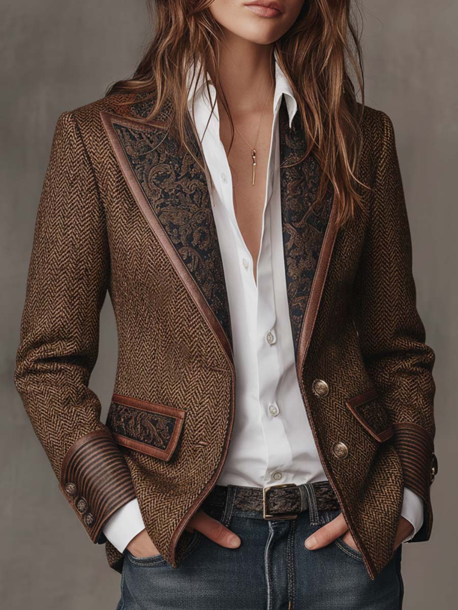 Theodora | Herringbone Panel Blazer with Contrast Edges
