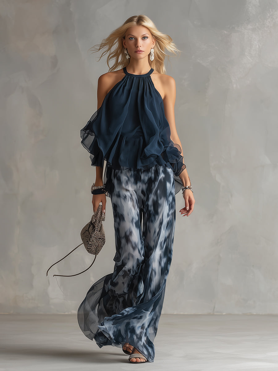 Ludovica | Navy Halter Top & Wide-Leg Printed Trouser Set