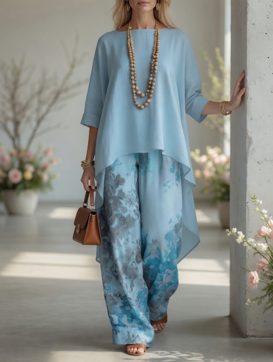 Elowen | Botanical Print High-Low Tunic & Wide-Leg Set