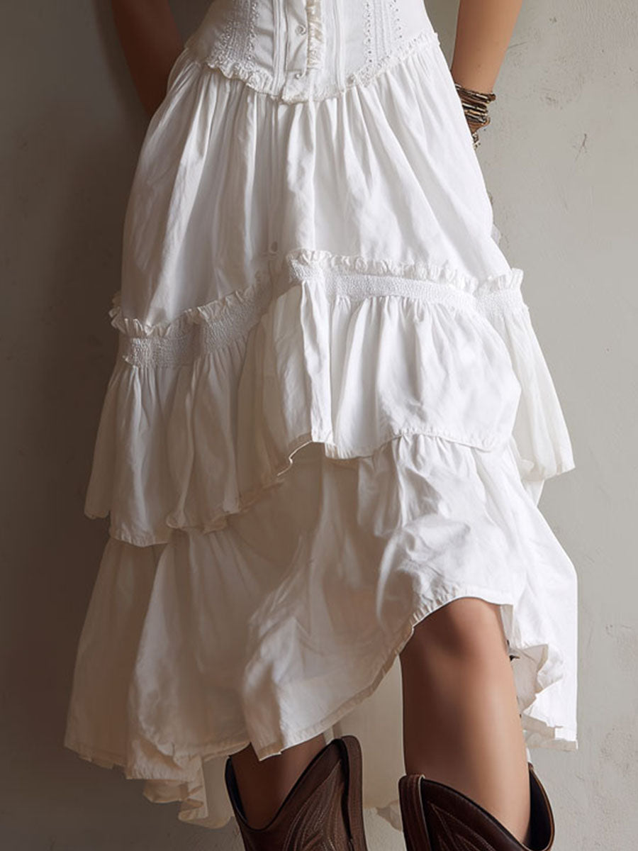 Vivienne | Retro Boho Corset Tiered Midi Dress with Lace Trim