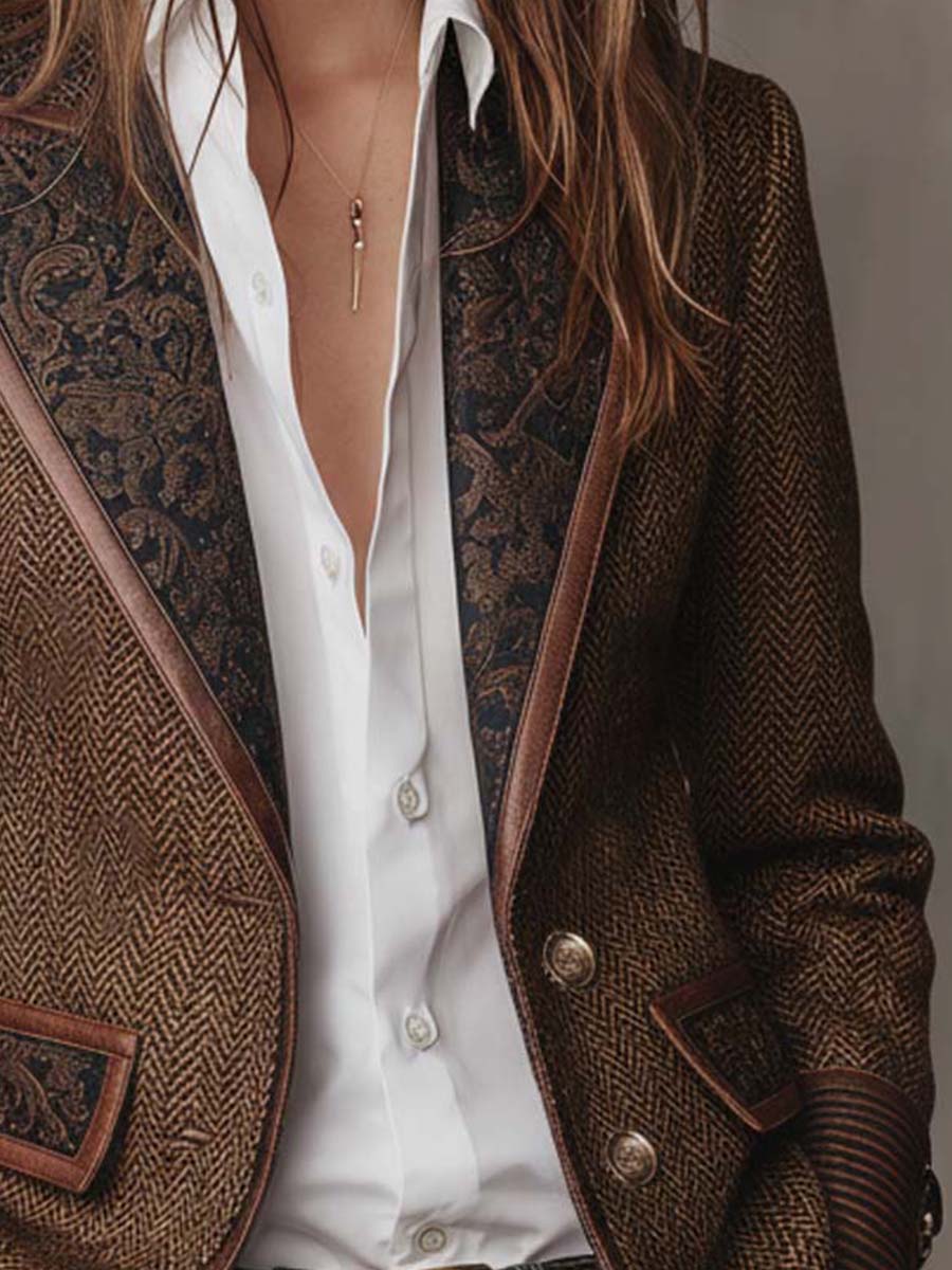 Theodora | Herringbone Panel Blazer with Contrast Edges
