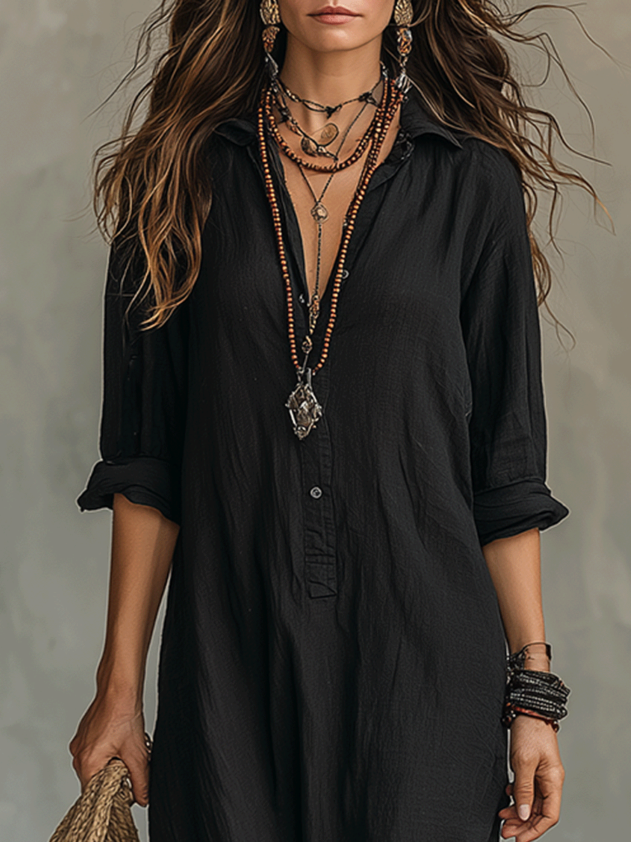 Ophelia | Button-Front Bohemian Shirt Maxi Dress