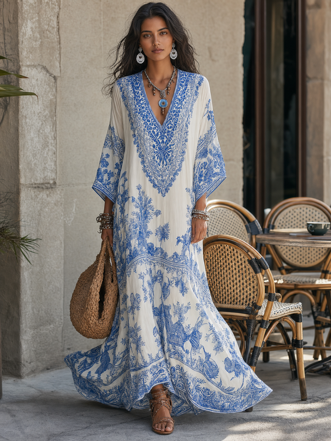 Lorelai | Blue Porcelain Print V-Neck Kaftan Dress