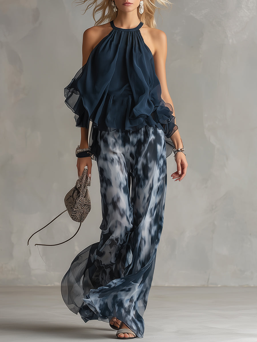 Ludovica | Navy Halter Top & Wide-Leg Printed Trouser Set