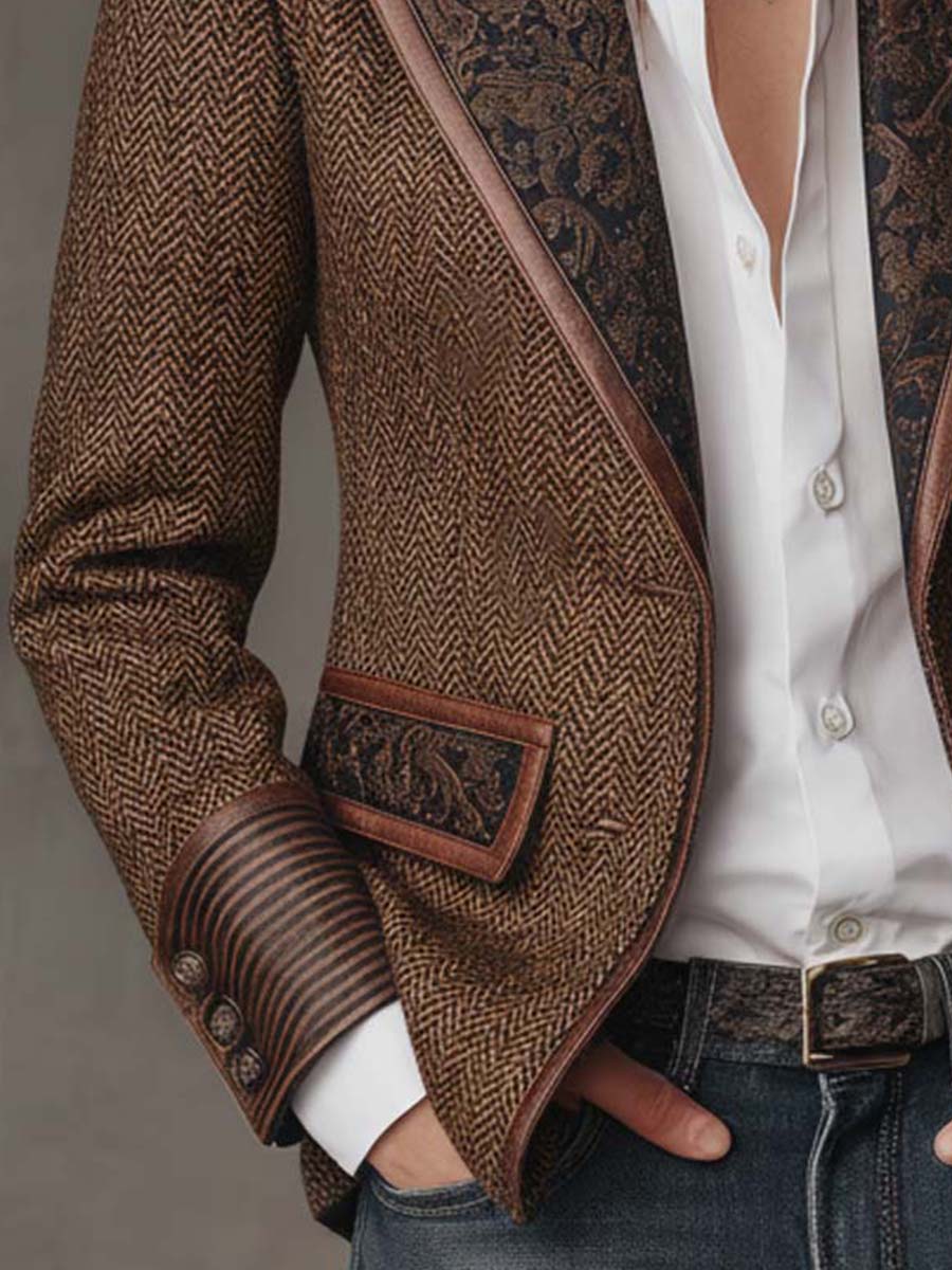 Theodora | Herringbone Panel Blazer with Contrast Edges