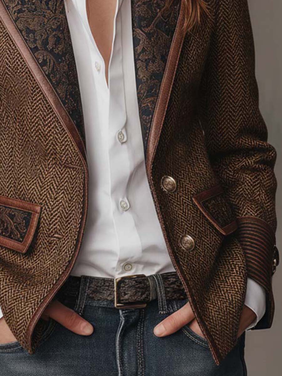 Theodora | Herringbone Panel Blazer with Contrast Edges