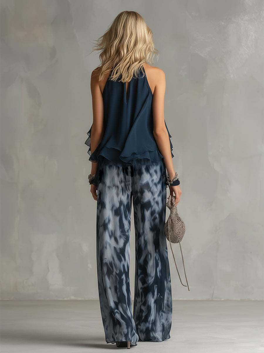 Ludovica | Navy Halter Top & Wide-Leg Printed Trouser Set
