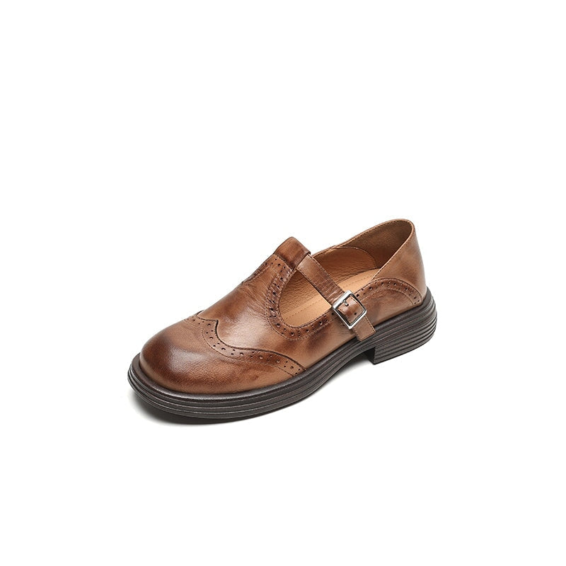 Rosie | Leather T-Strap Mary Jane Brogue Block Heel Shoes