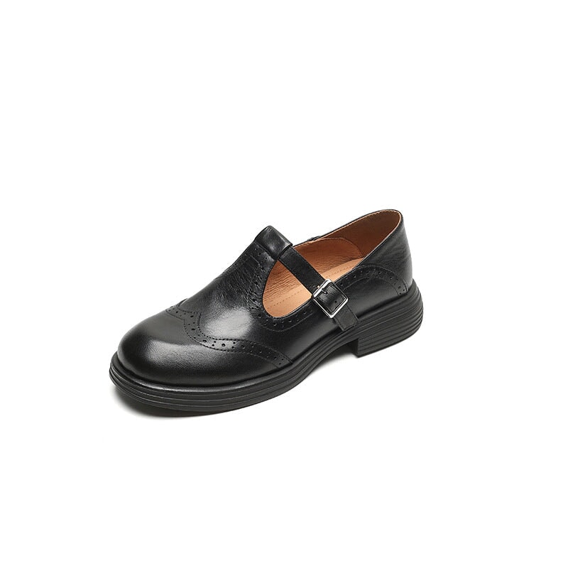 Rosie | Leather T-Strap Mary Jane Brogue Block Heel Shoes