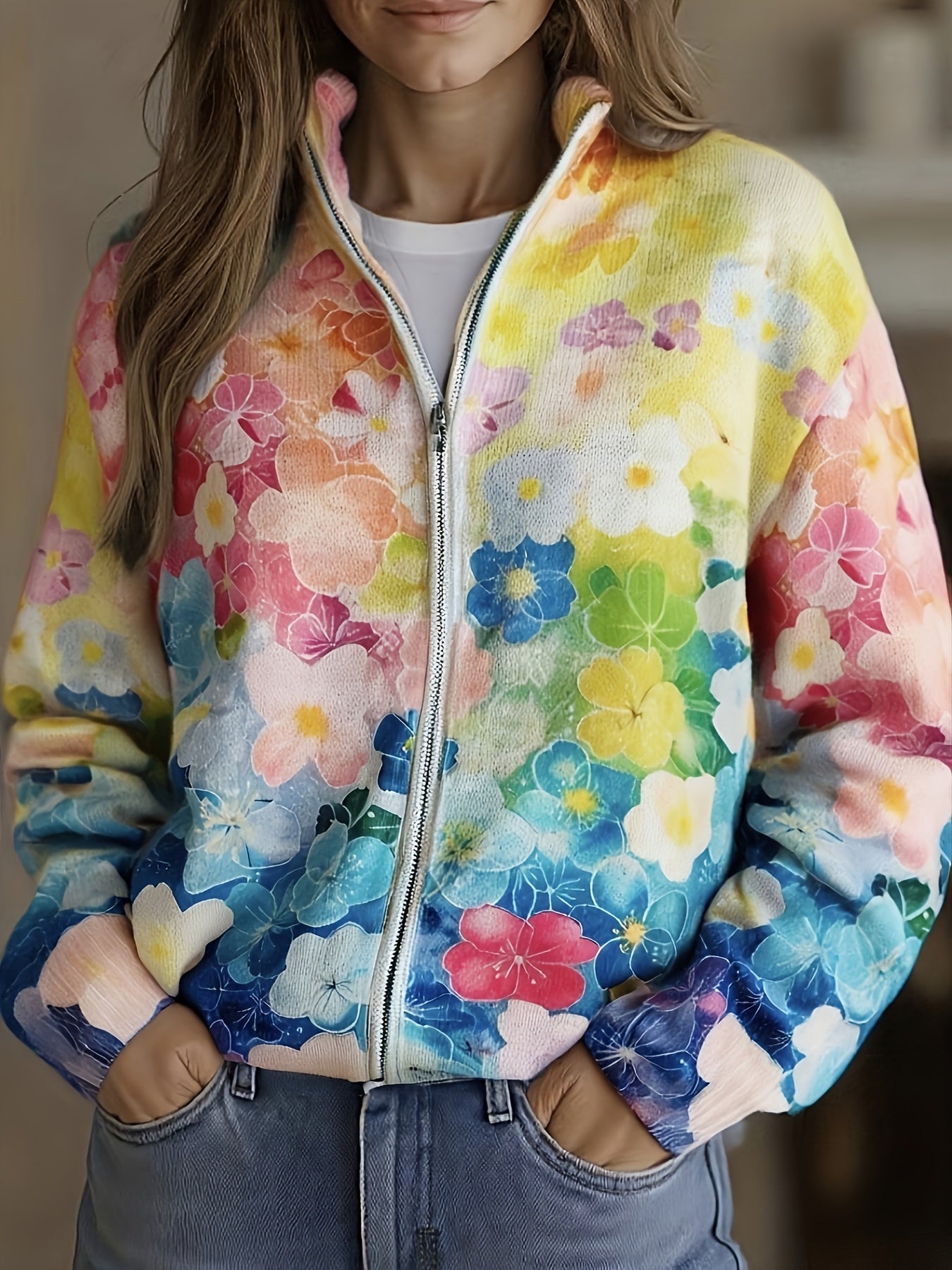Augusta | Watercolour Floral Ombré Zip Cardigan