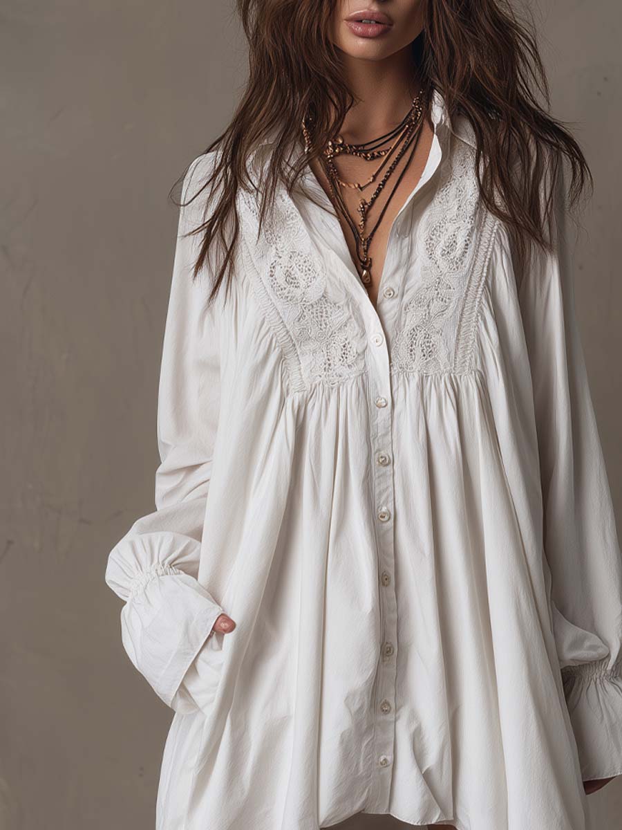 Lucia | Lace Detail Long-Sleeve Shirt Mini Dress