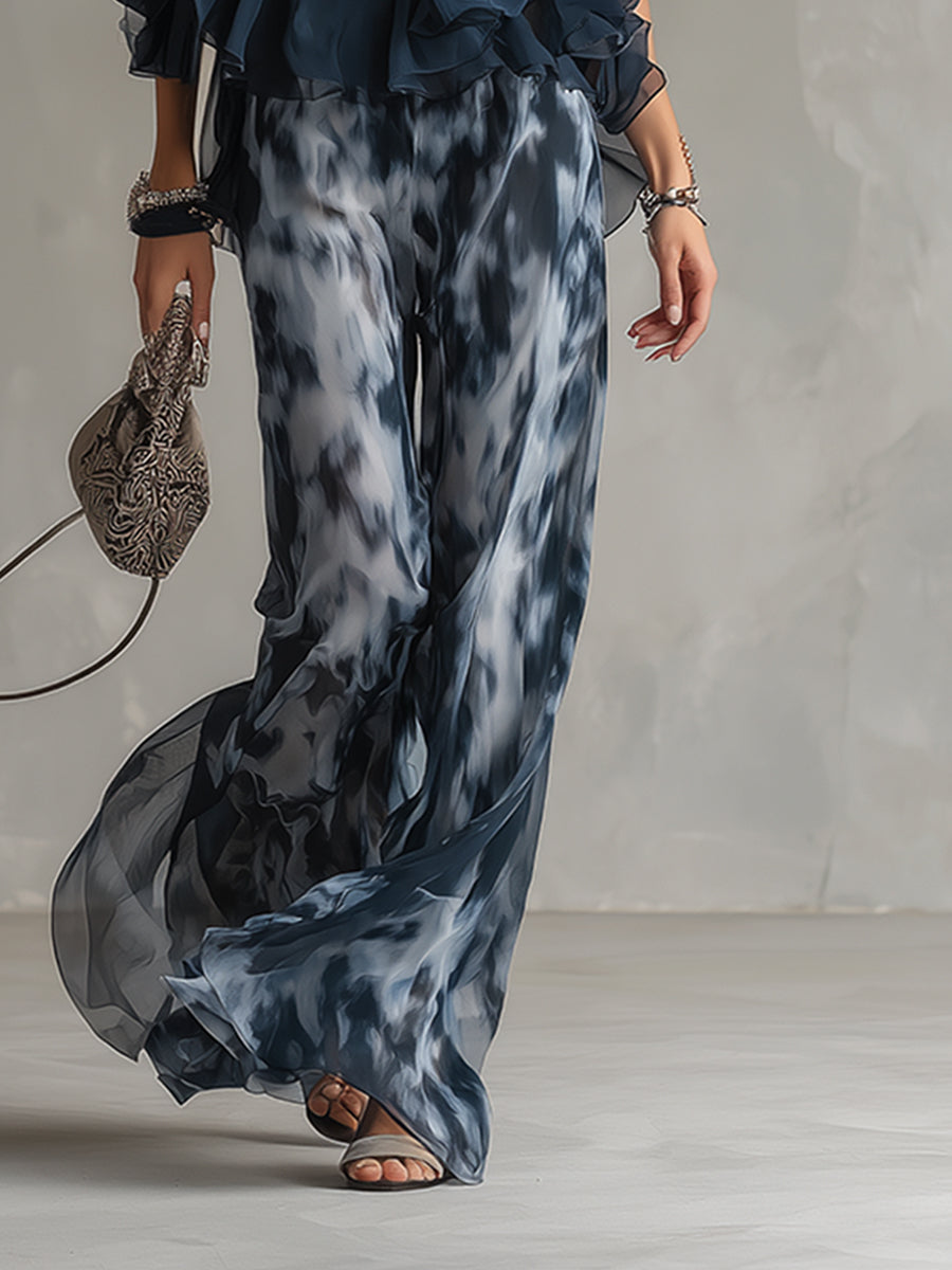 Ludovica | Navy Halter Top & Wide-Leg Printed Trouser Set