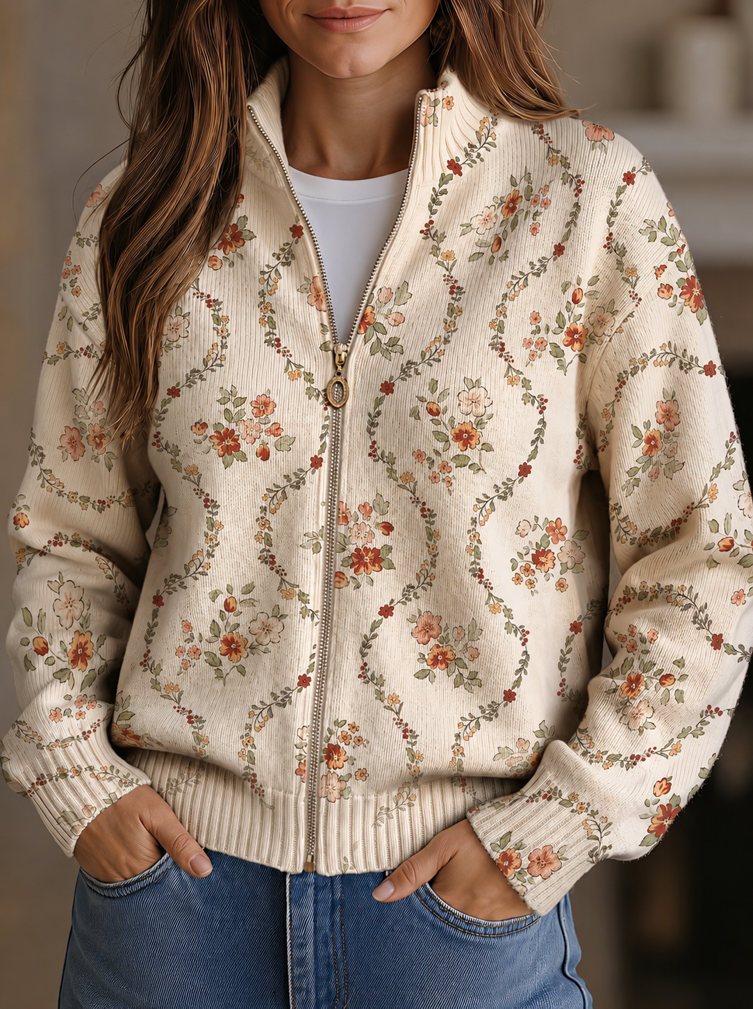 Persephone | Floral Vine Print Zip Cardigan