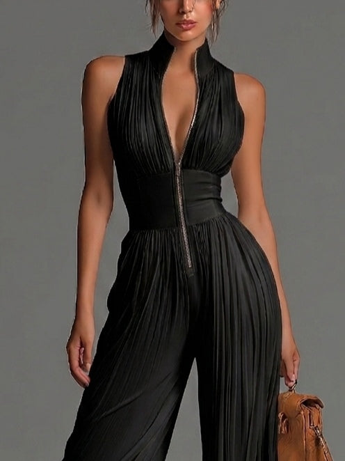 Vittoria | Black chiffon jumpsuit with V-neck, sleeveless, zip, pleated, wide-leg pants