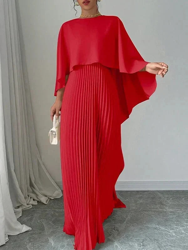 Maravelle | Elegant Pleated Cape Maxi Dress