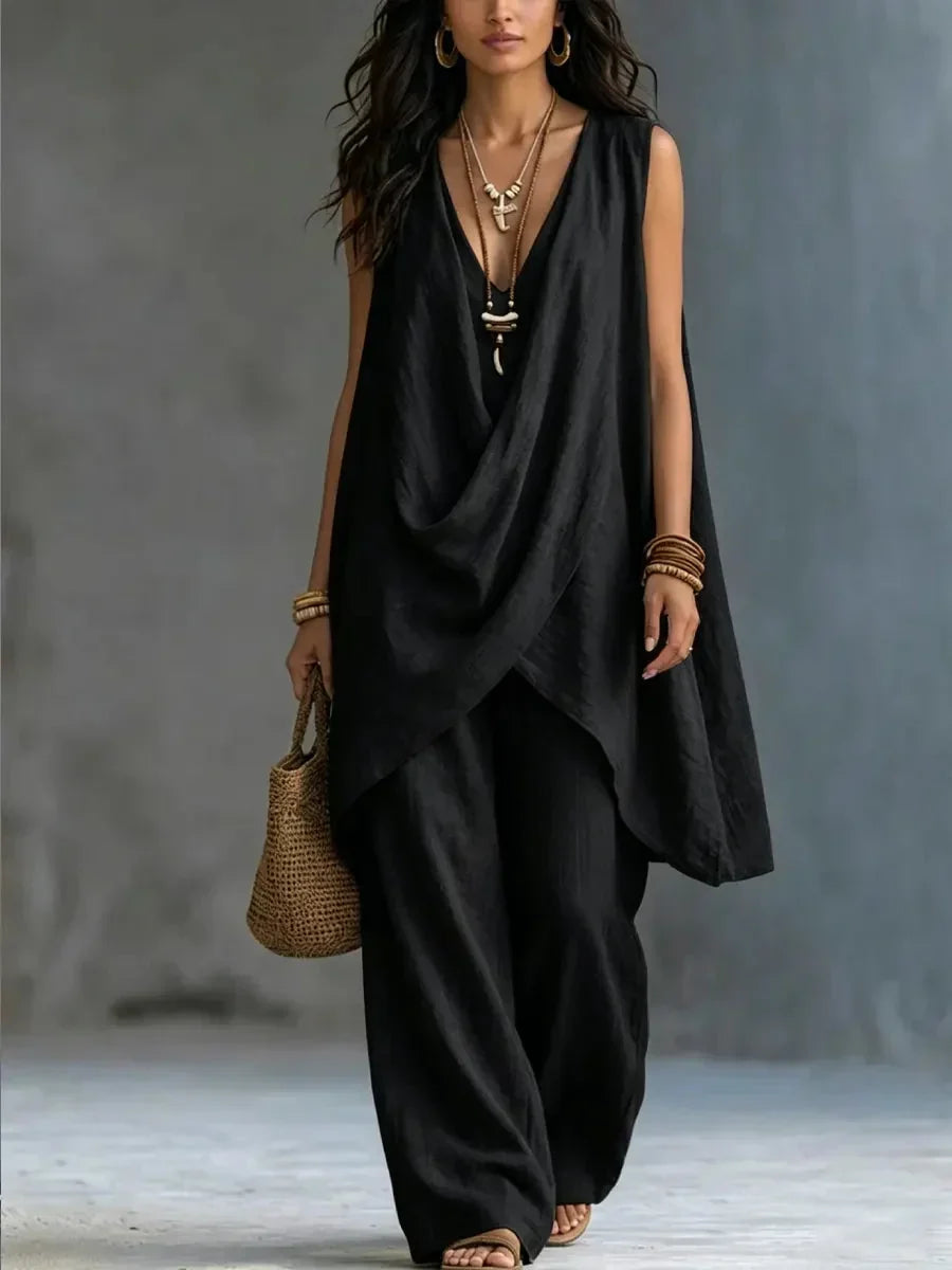Maryse | Sleeveless Draped Two-Piece Wide-Leg Set