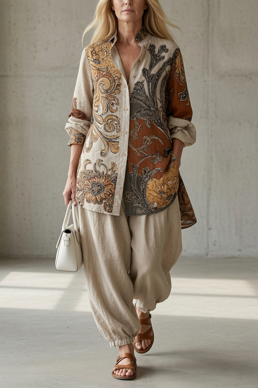Thalia | Printed Button-Up Shirt & Trousers Two-Piece Set