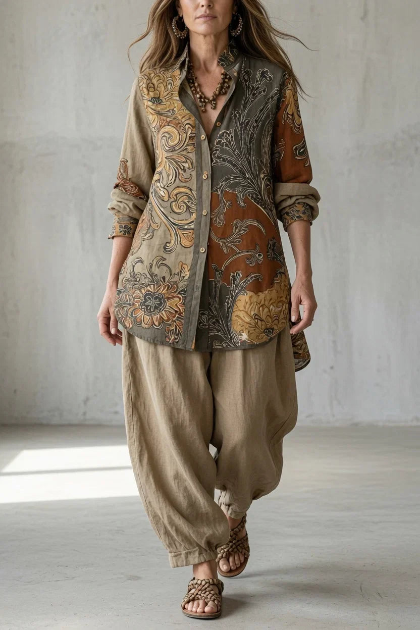 Thalia | Printed Button-Up Shirt & Trousers Two-Piece Set