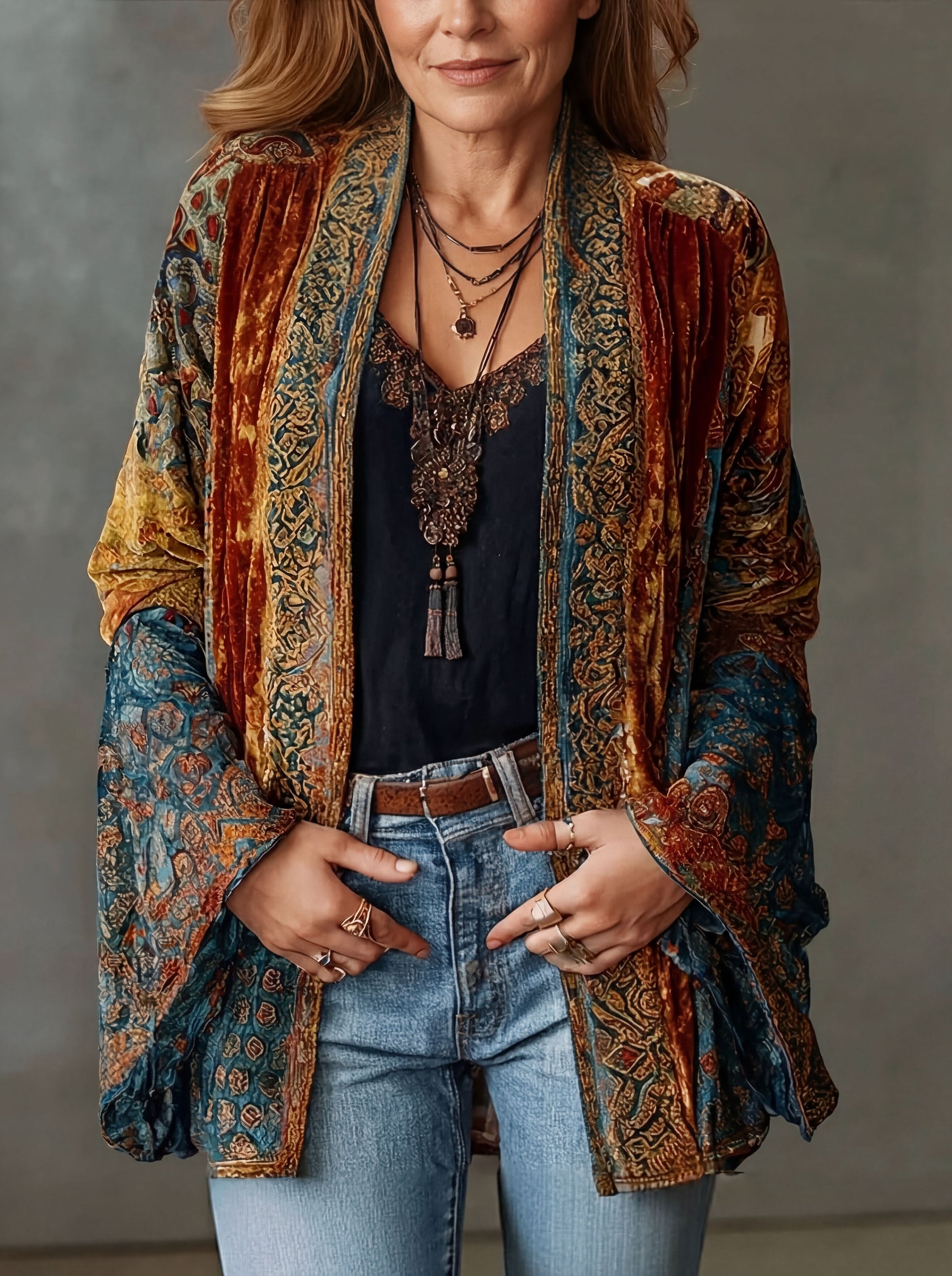 Solara | Bohemian Velvet Open-Front Jacket