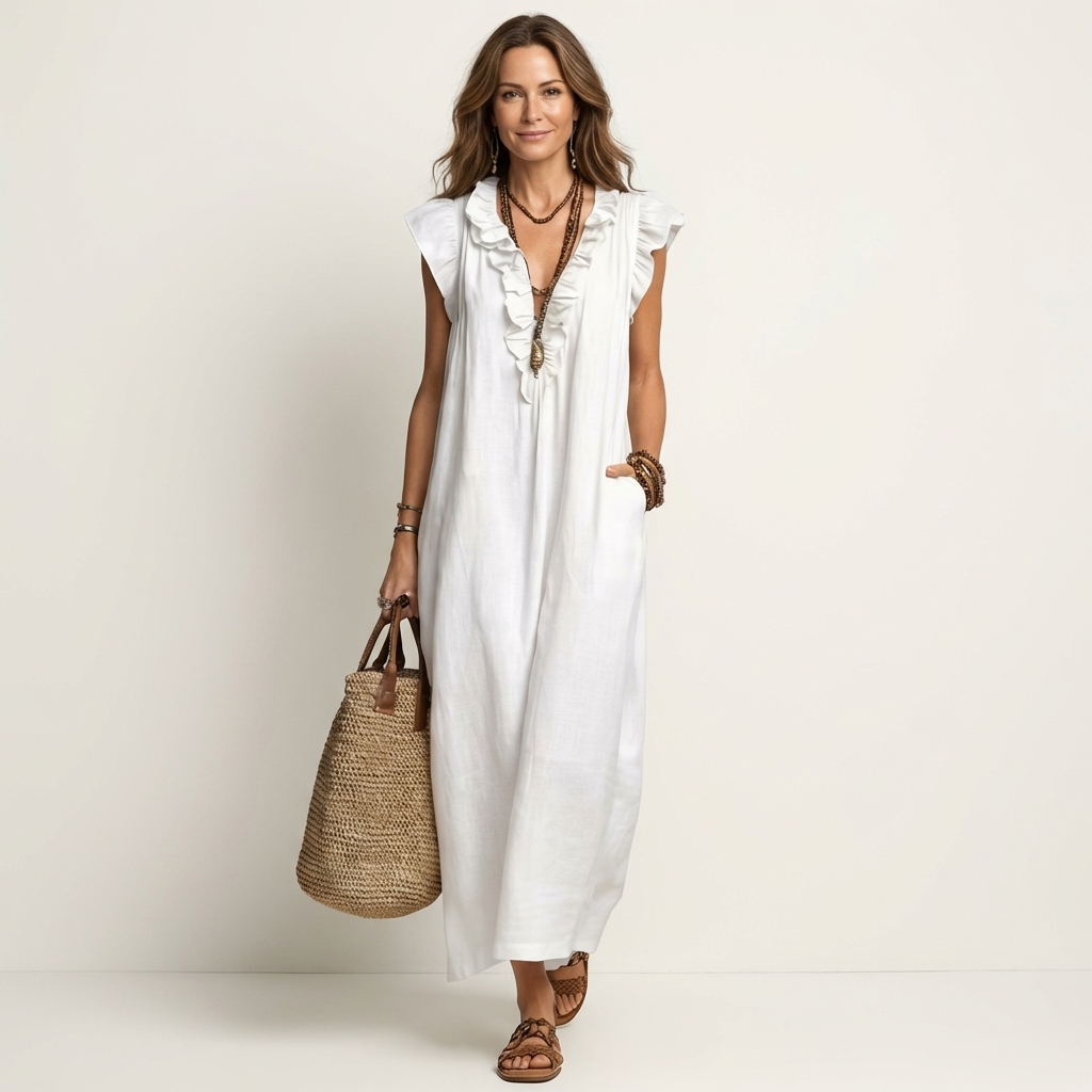 Rachel | Ruffle V-Neck Linen Maxi Dress