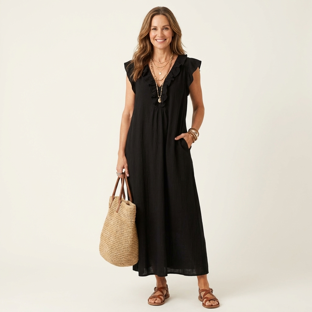 Rachel | Ruffle V-Neck Linen Maxi Dress