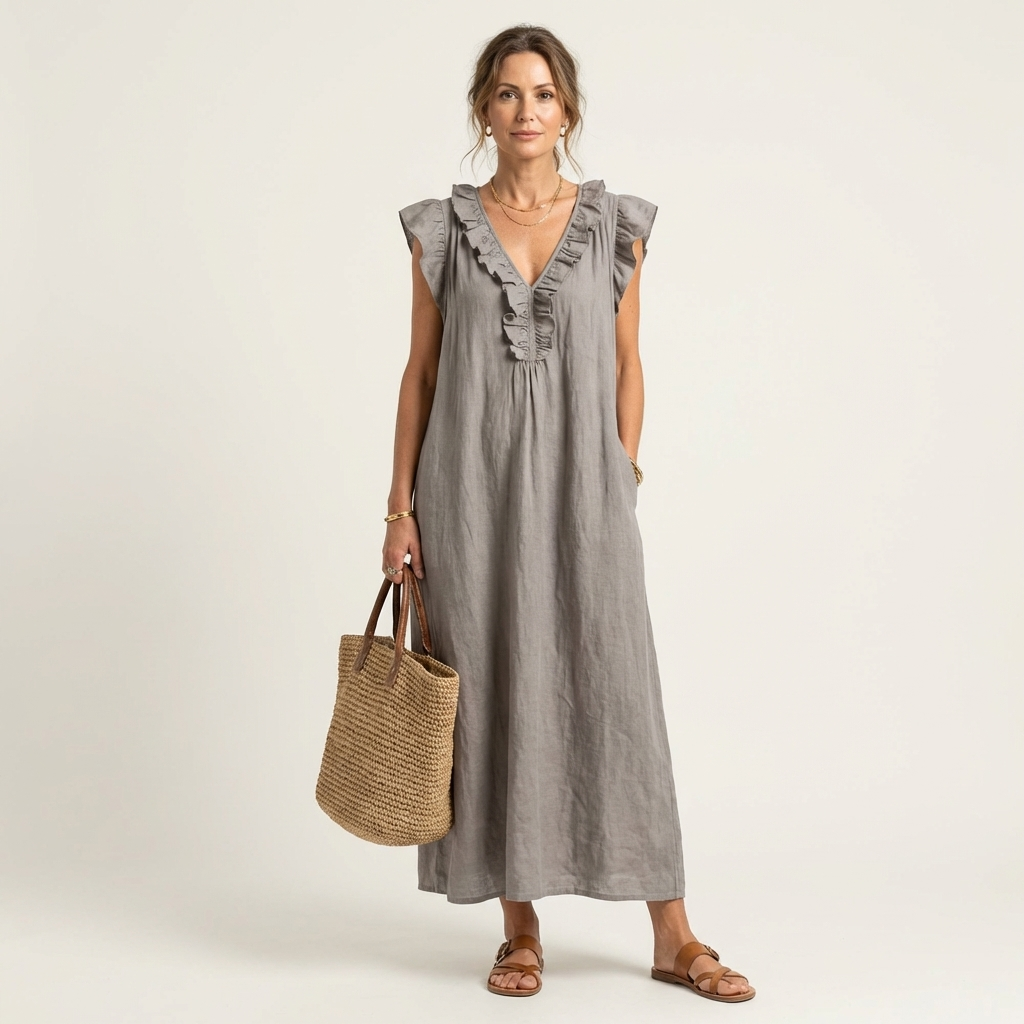 Rachel | Ruffle V-Neck Linen Maxi Dress