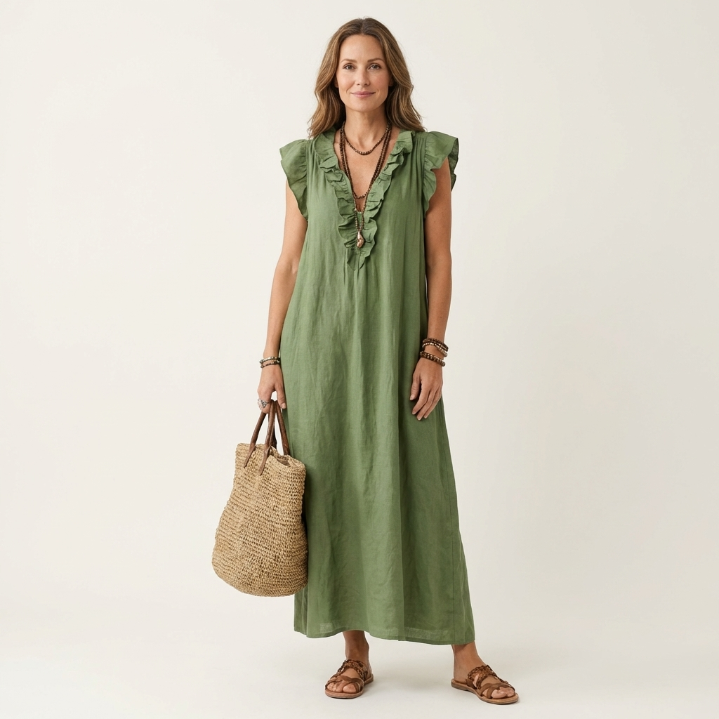 Rachel | Ruffle V-Neck Linen Maxi Dress