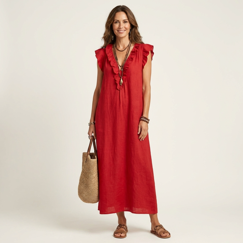 Rachel | Ruffle V-Neck Linen Maxi Dress