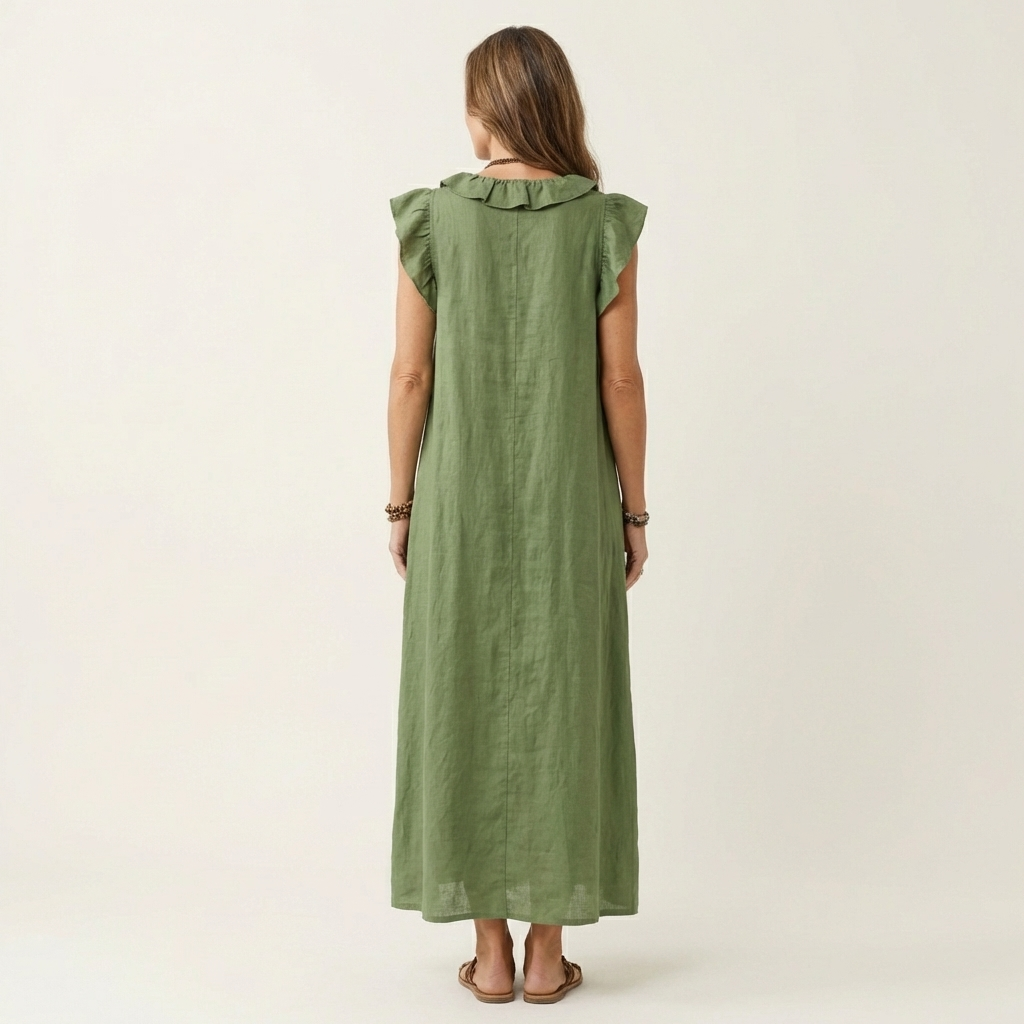 Rachel | Ruffle V-Neck Linen Maxi Dress