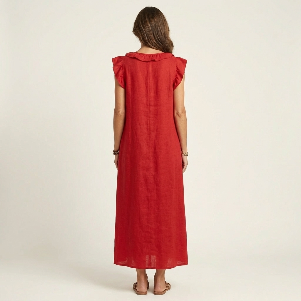 Rachel | Ruffle V-Neck Linen Maxi Dress