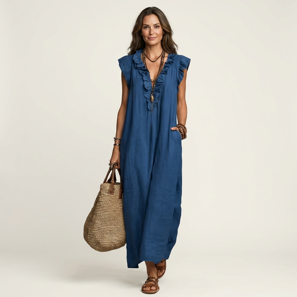 Rachel | Ruffle V-Neck Linen Maxi Dress