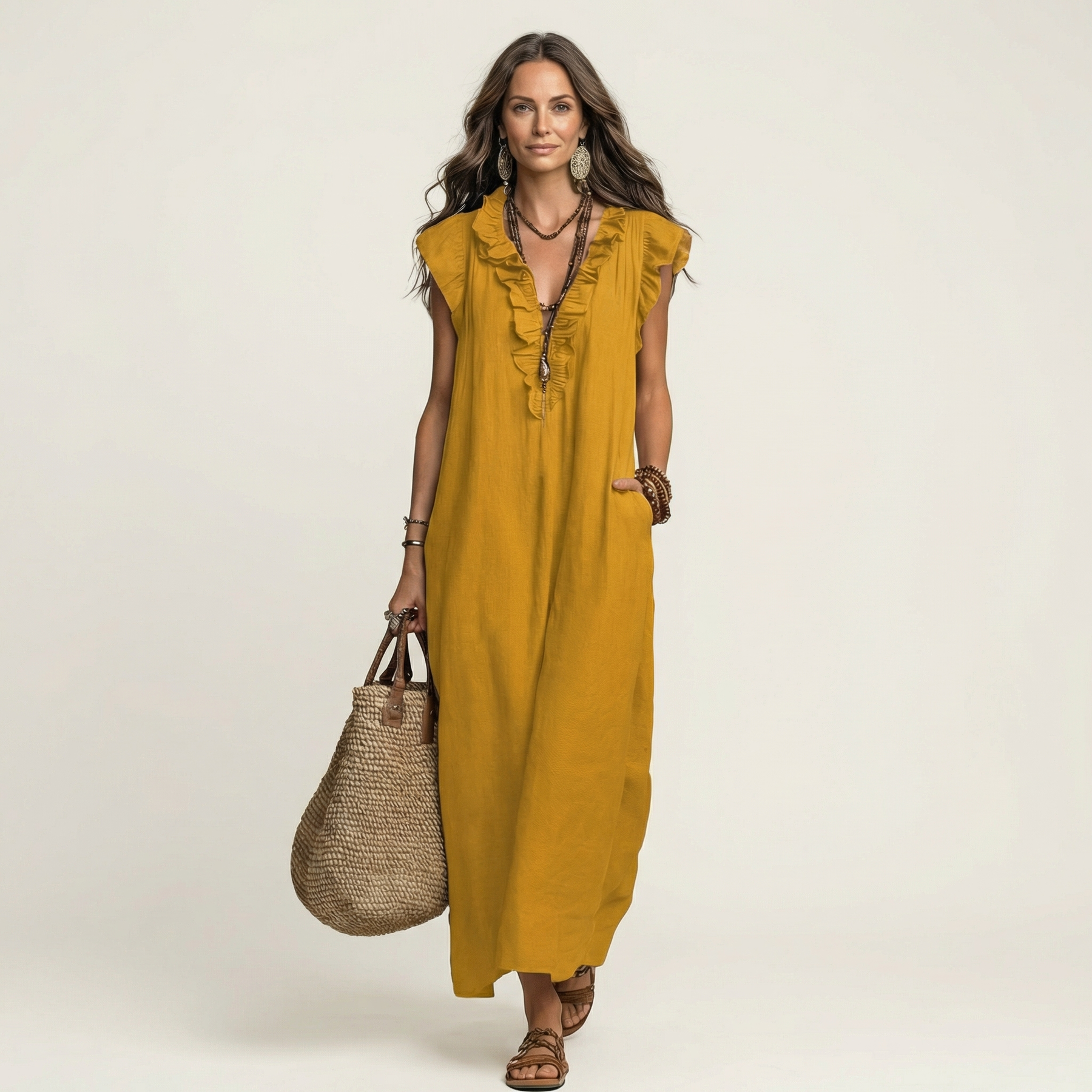 Rachel | Ruffle V-Neck Linen Maxi Dress