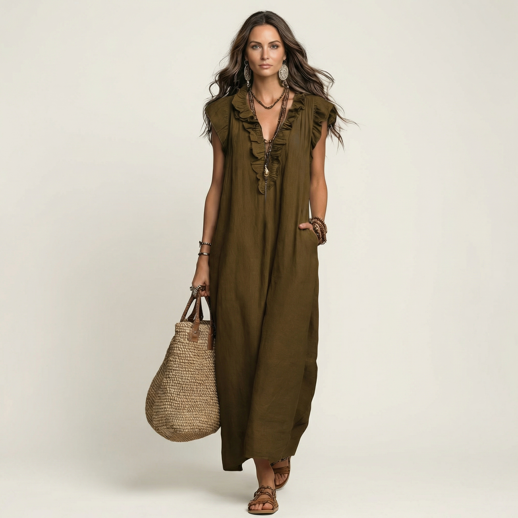 Rachel | Ruffle V-Neck Linen Maxi Dress