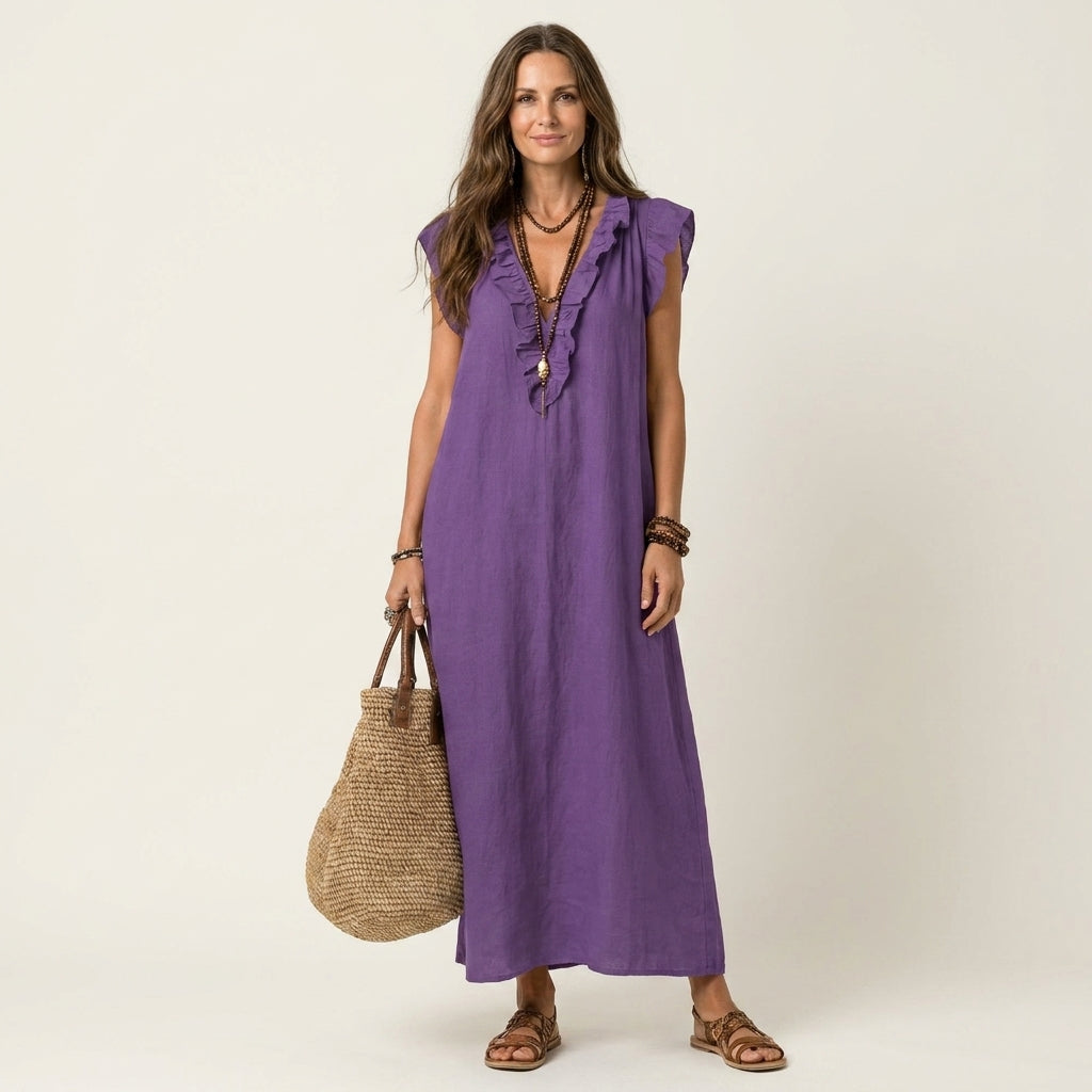 Rachel | Ruffle V-Neck Linen Maxi Dress