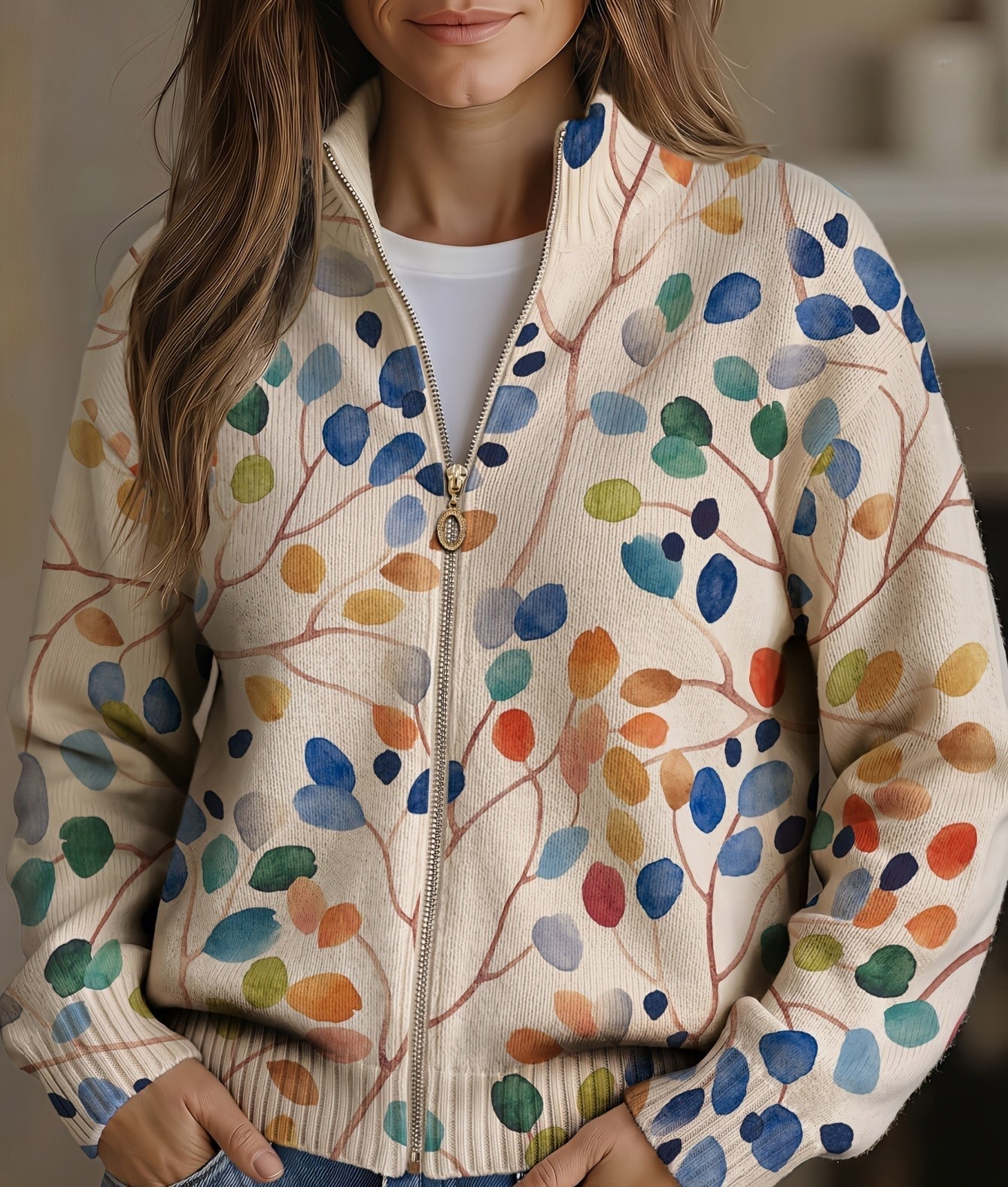 Imogene | Botanical Leaf Print Zip Cardigan