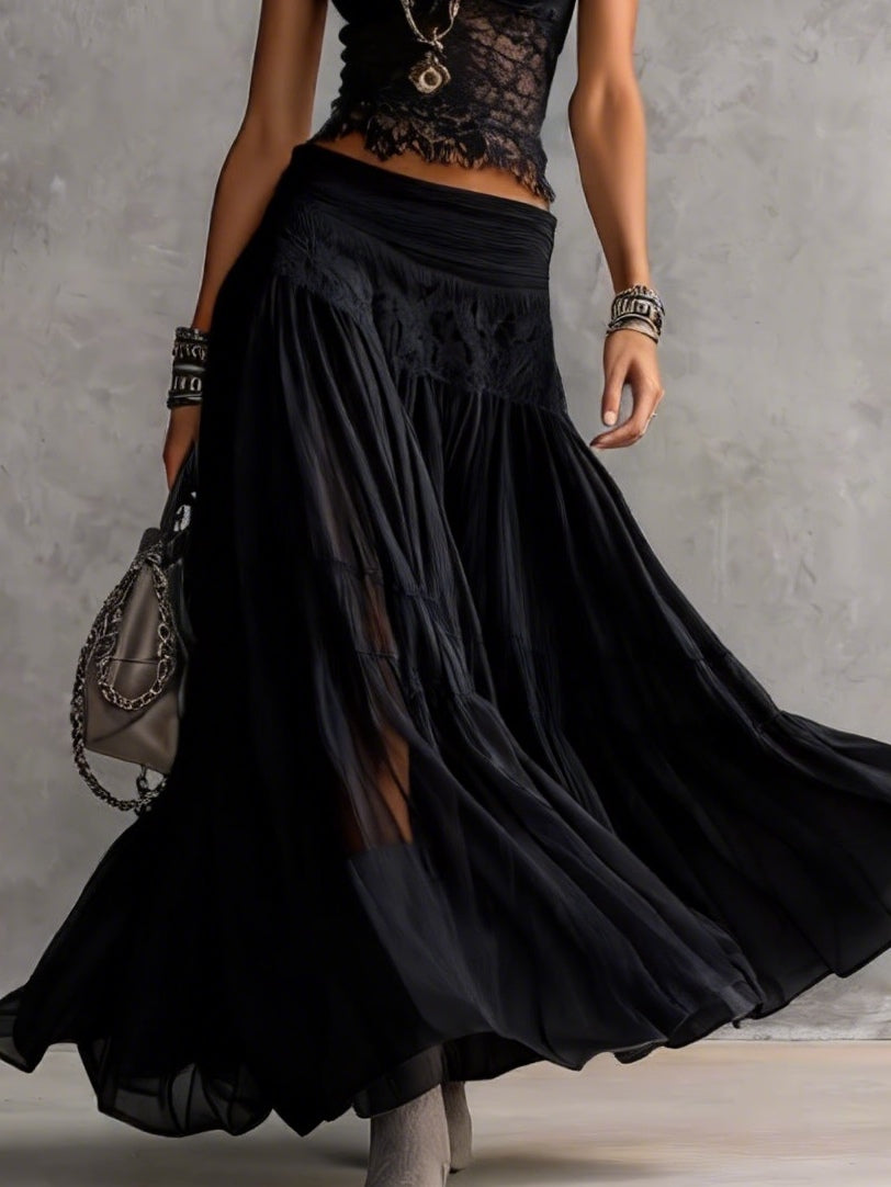 Geneva | Set consisting of a transparent top with black lace panels and a maxi pleated skirt