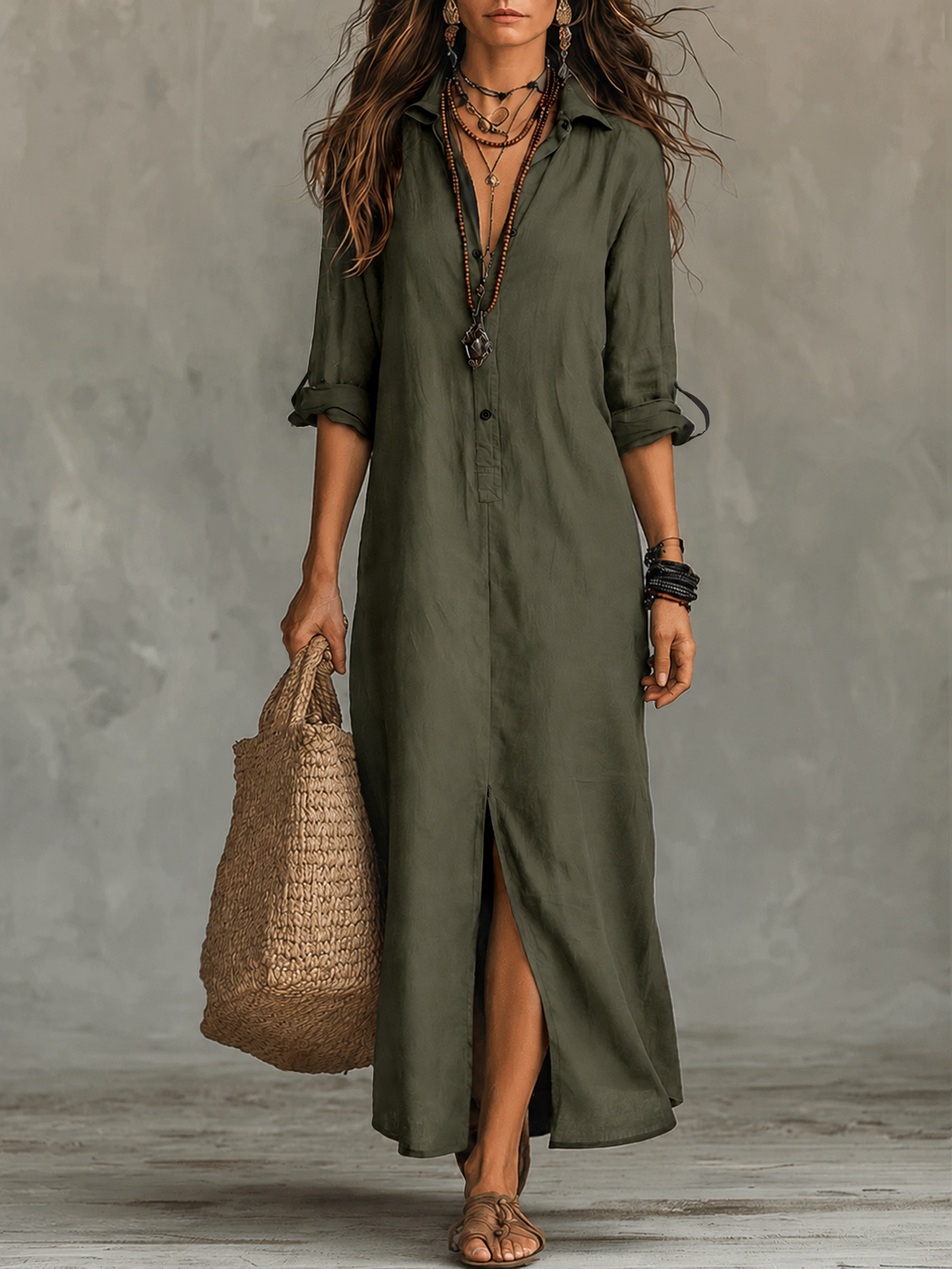 Ophelia | Button-Front Bohemian Shirt Maxi Dress