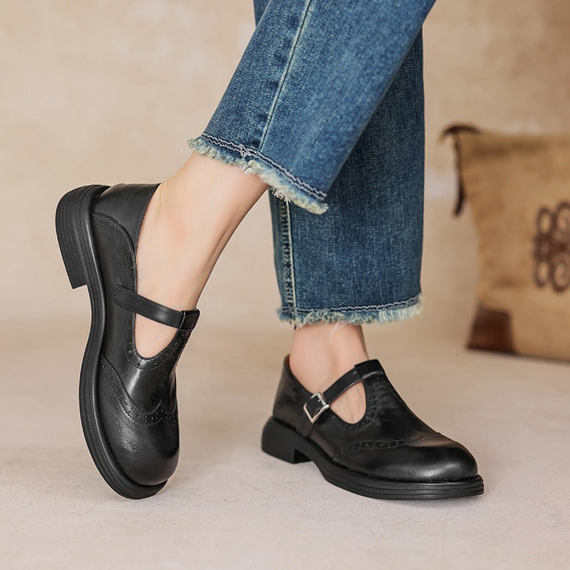 Rosie | Leather T-Strap Mary Jane Brogue Block Heel Shoes