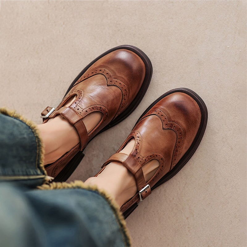 Rosie | Leather T-Strap Mary Jane Brogue Block Heel Shoes