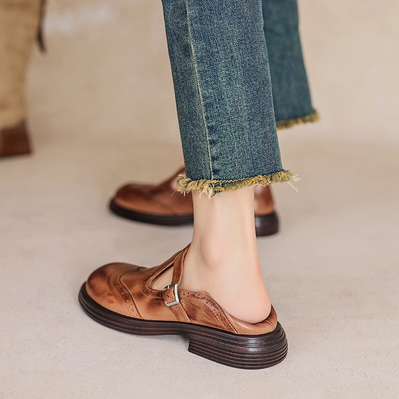 Rosie | Leather T-Strap Mary Jane Brogue Block Heel Shoes