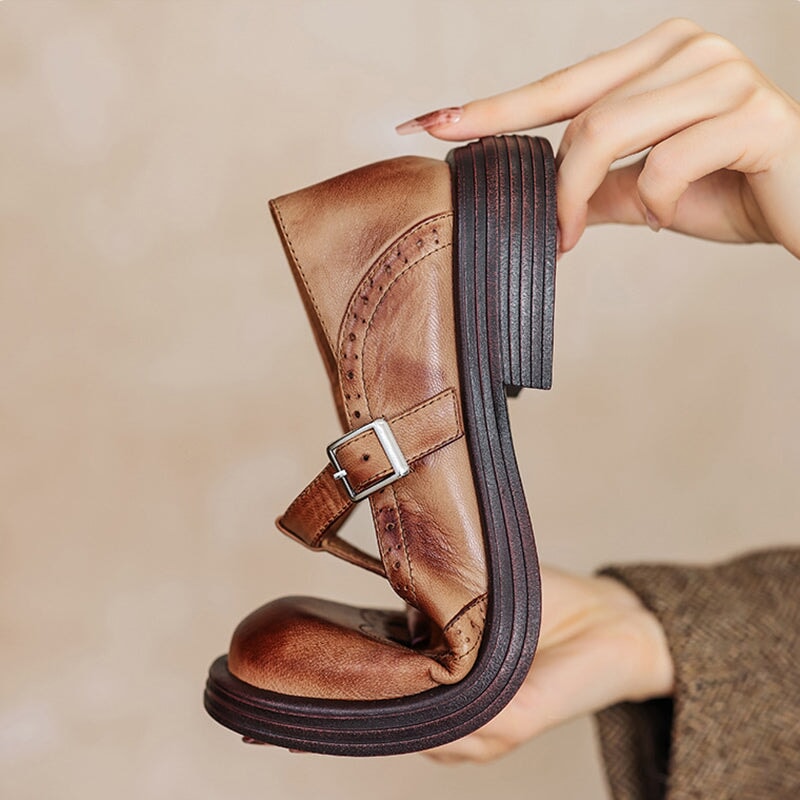 Rosie | Leather T-Strap Mary Jane Brogue Block Heel Shoes