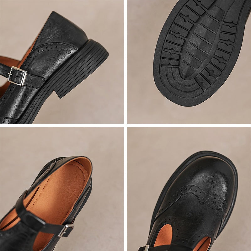 Rosie | Leather T-Strap Mary Jane Brogue Block Heel Shoes